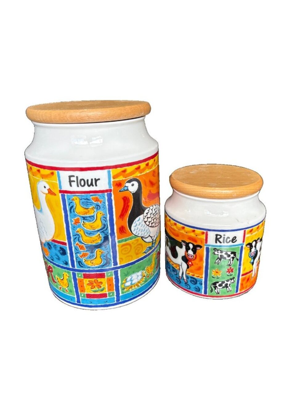 2-DUNOON-FARMYARD Stoneware 9” Flour canister & 6” Rice Made in UK-Brookshaw